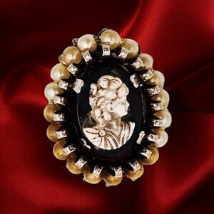 VTG Cameo Brooch Faux Pearls Mid-Century Victorian Black+White Lady Portrait